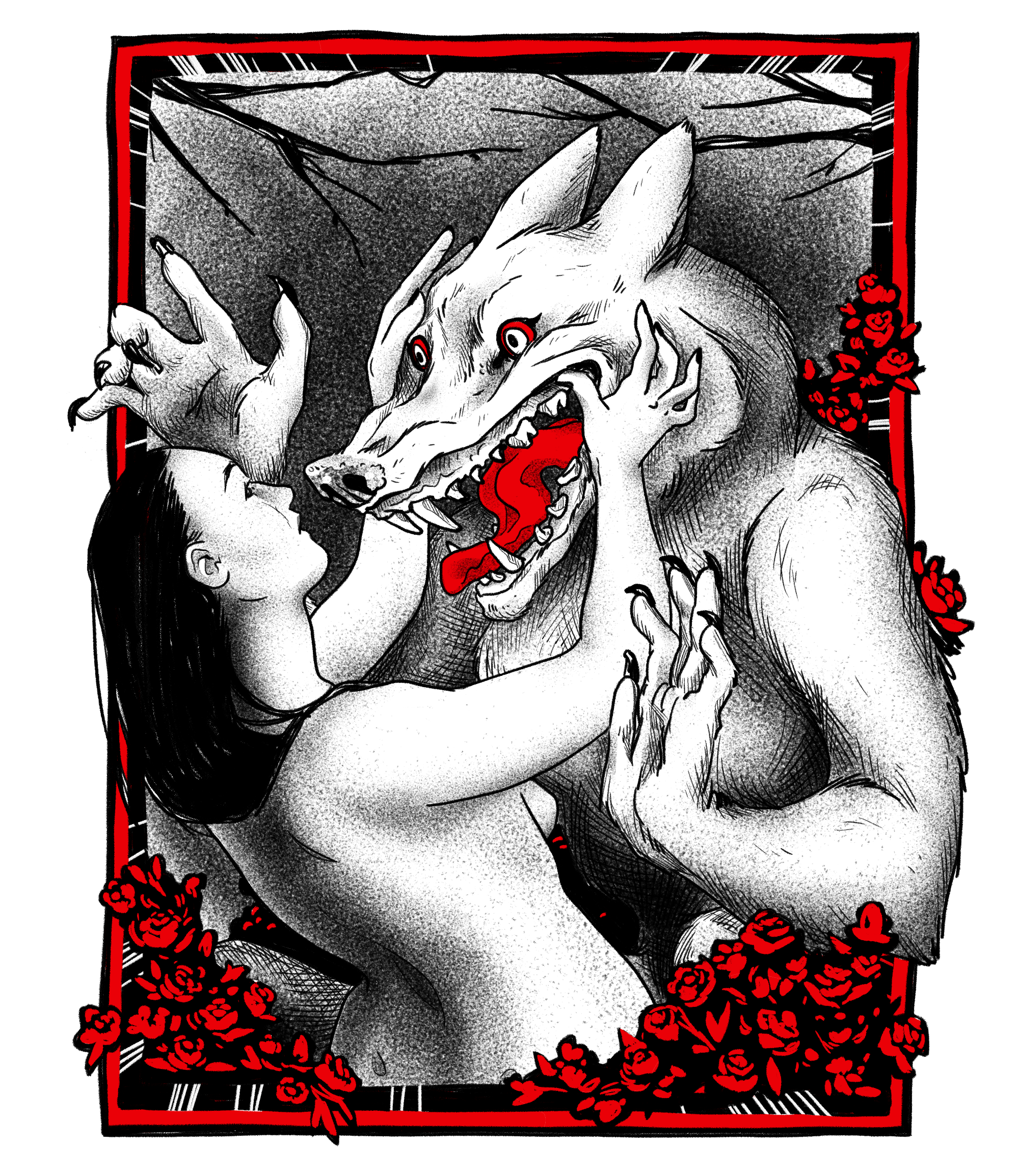 Wolf With Red Roses illustration